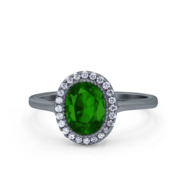 Halo Art Deco Oval Wedding Bridal Ring Black Tone, Simulated Green Emerald CZ 925 Sterling Silver